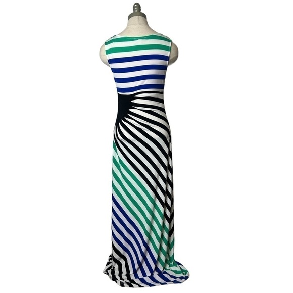 2/$30 London Times Sleeveless Stripe Long Stretch Maxi Dress  Slimming Panel - Picture 9 of 15